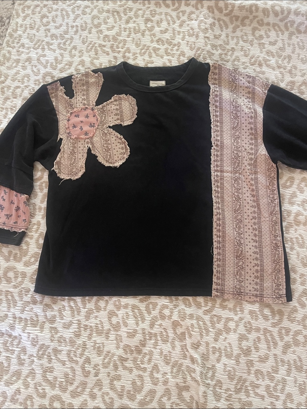 Umgee Black Sweatshirt with Pink Patchwork Flower and Panel